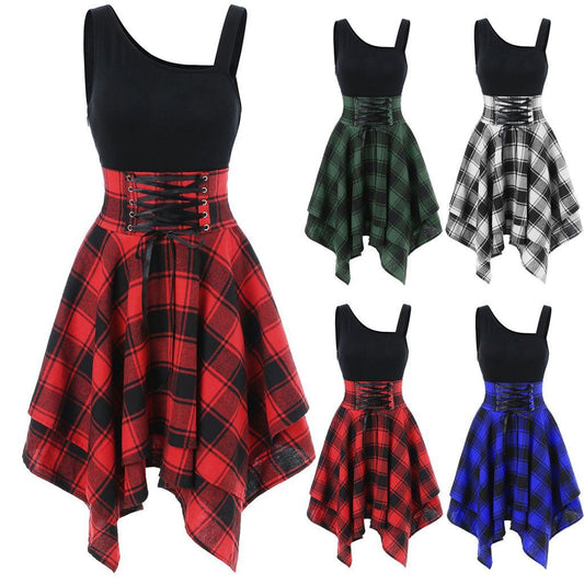 Fashion Plaid Suspender Elastic Waist Irregular Plaid Dress