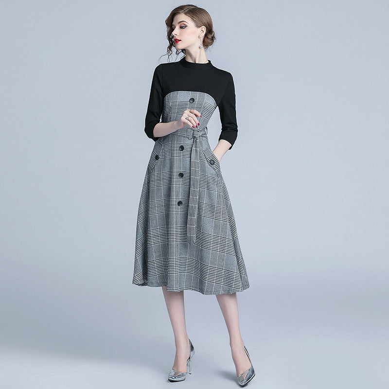 Stand-up Collar  Sleeve Stitching Check Lace Dress