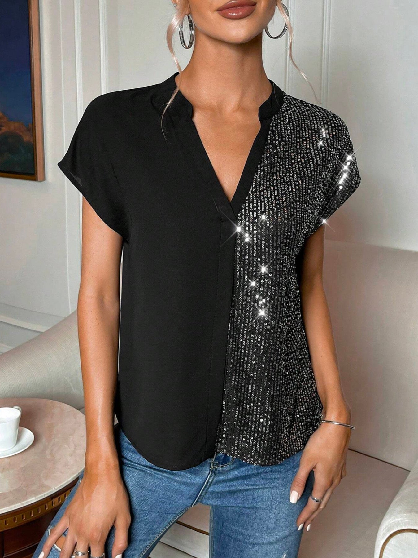 Sequin V-neck Shirt Top