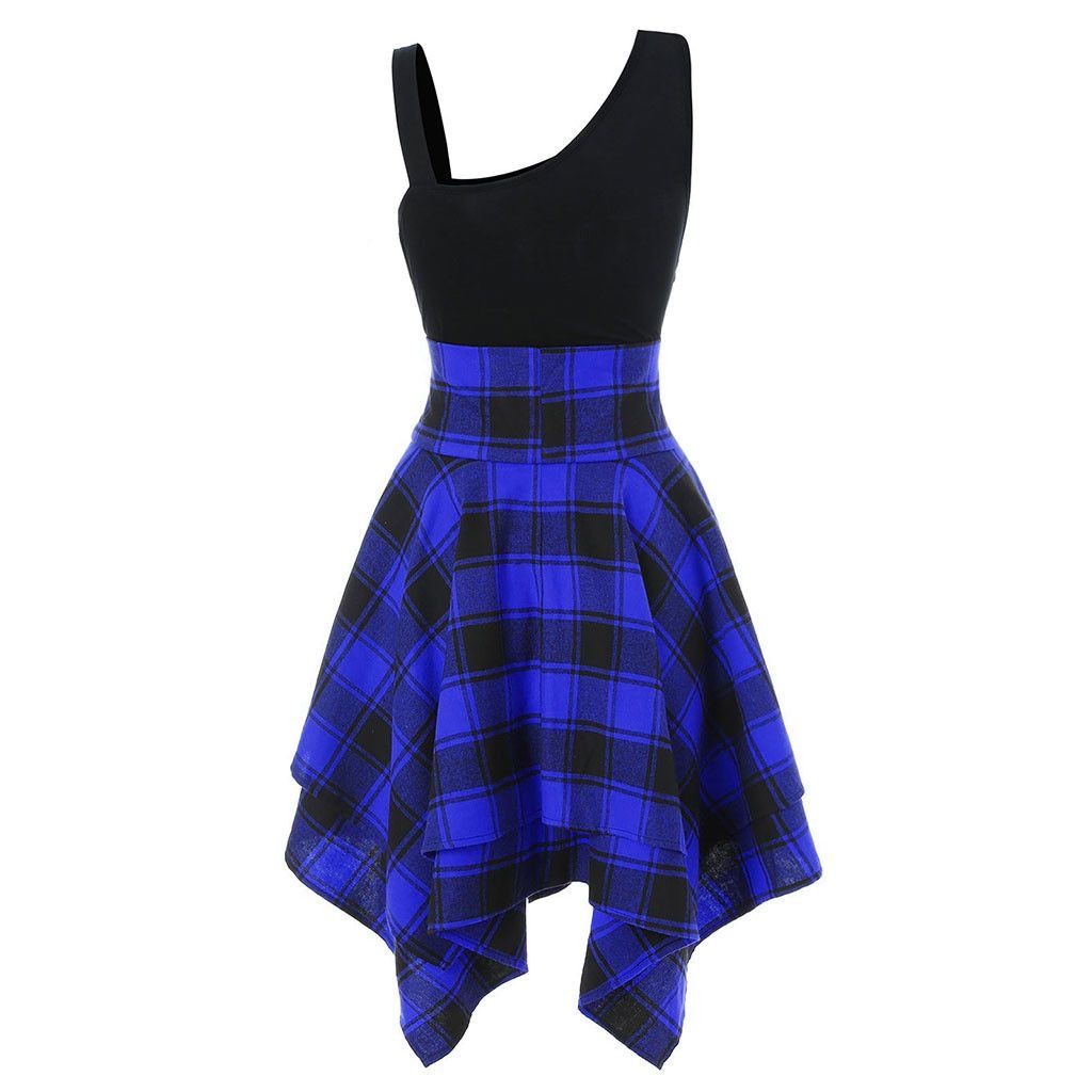 Fashion Plaid Suspender Elastic Waist Irregular Plaid Dress