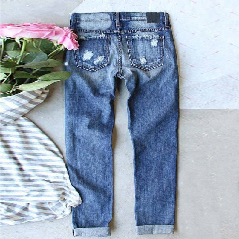 Cherry Blossom Print Water Washed Hole Loose Wide Leg Jeans