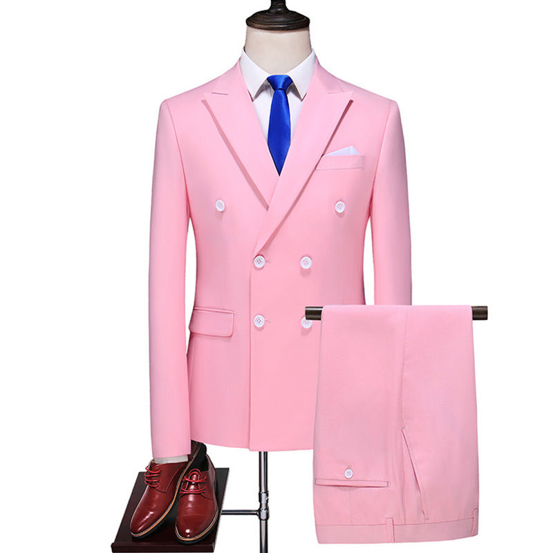 Double Breasted Solid Color Coat Trousers Suit