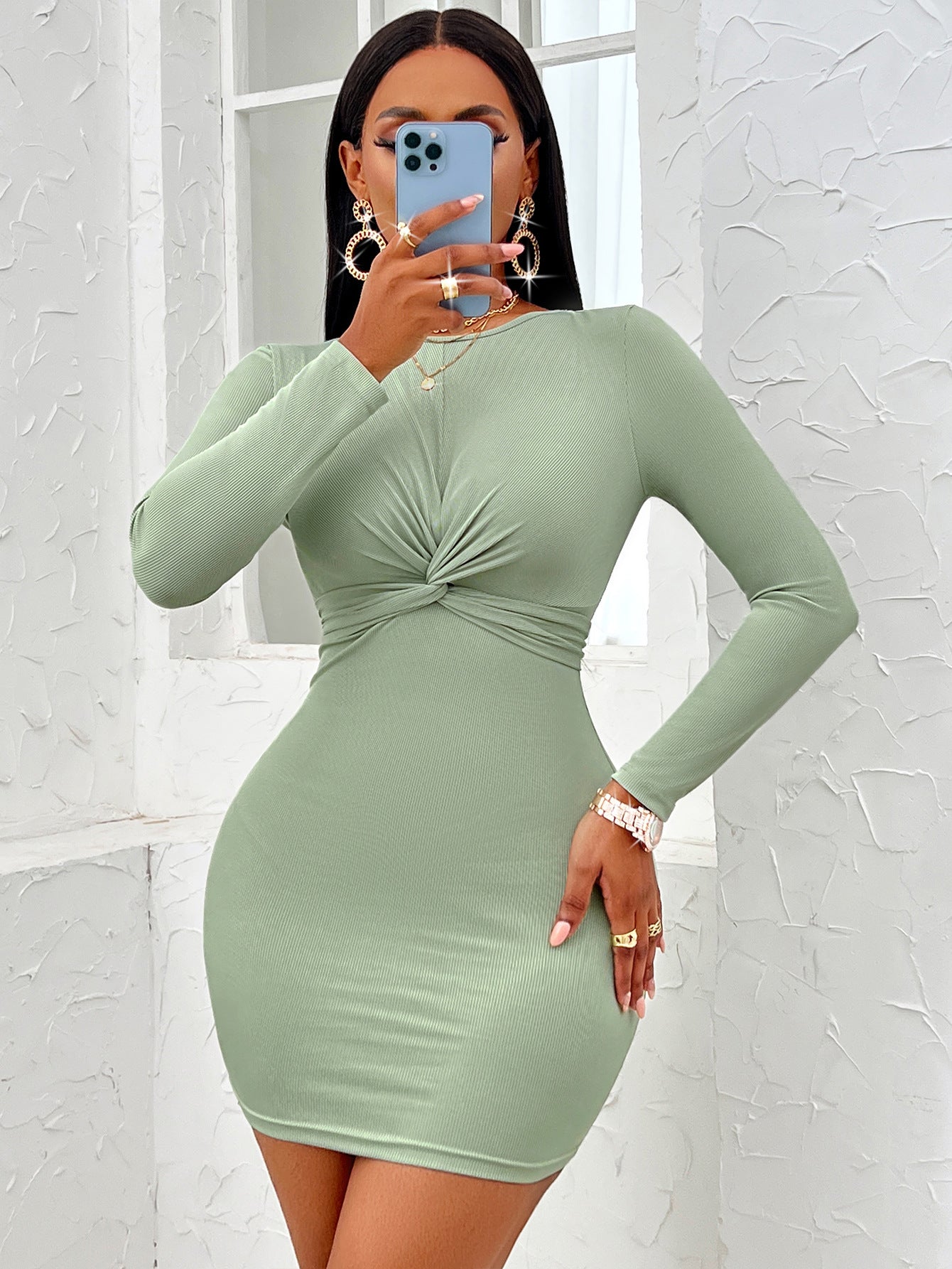 Round Neck Twist Long Sleeve Dress