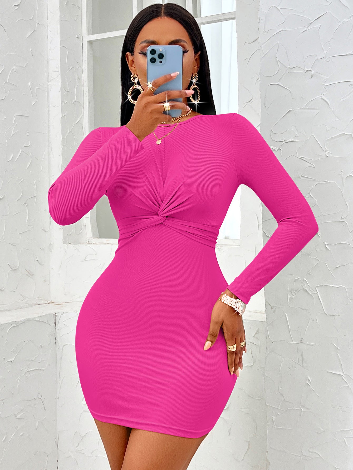 Round Neck Twist Long Sleeve Dress