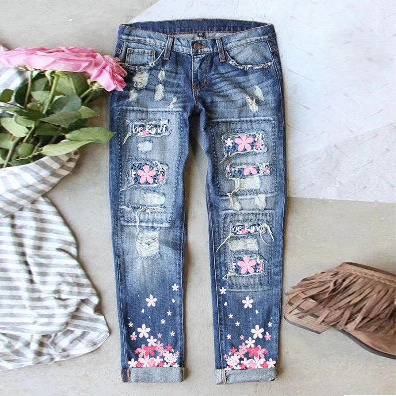 Cherry Blossom Print Water Washed Hole Loose Wide Leg Jeans