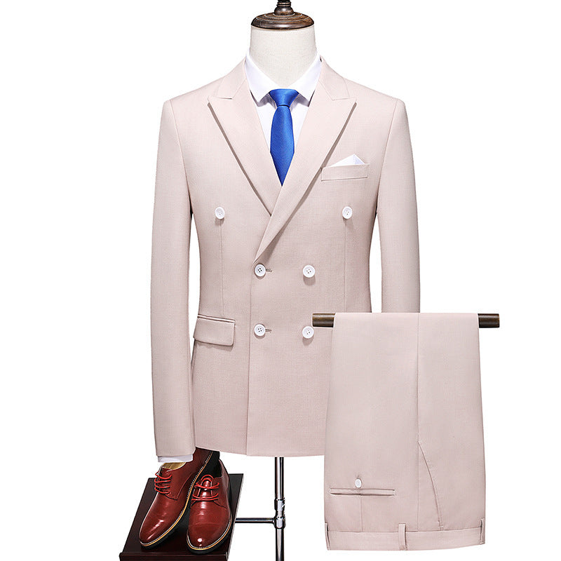 Double Breasted Solid Color Coat Trousers Suit