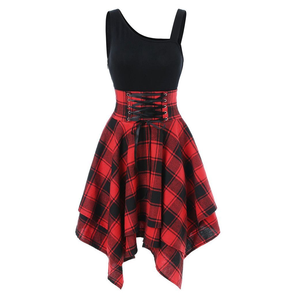 Fashion Plaid Suspender Elastic Waist Irregular Plaid Dress