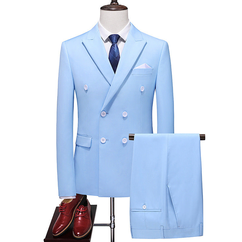 Double Breasted Solid Color Coat Trousers Suit