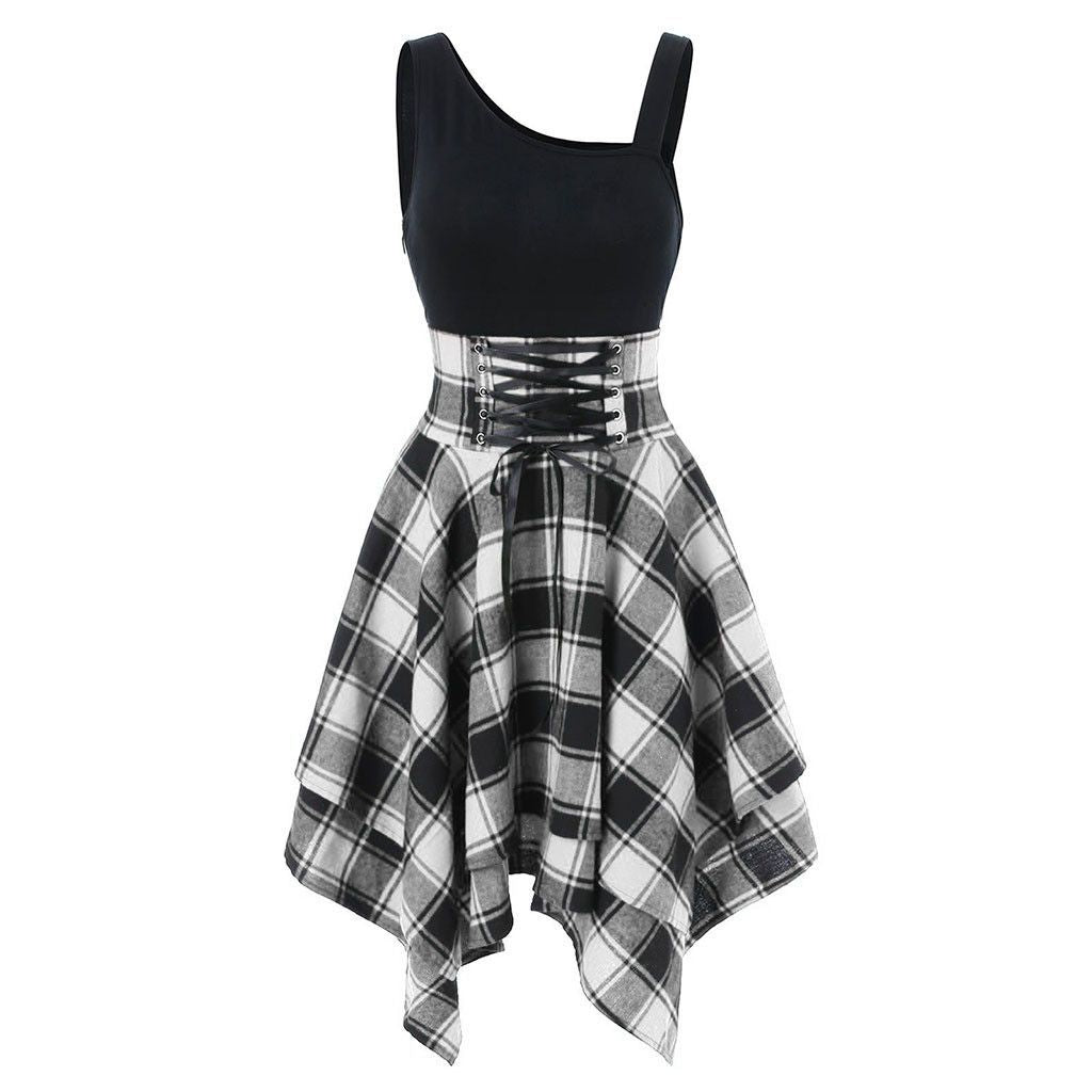 Fashion Plaid Suspender Elastic Waist Irregular Plaid Dress