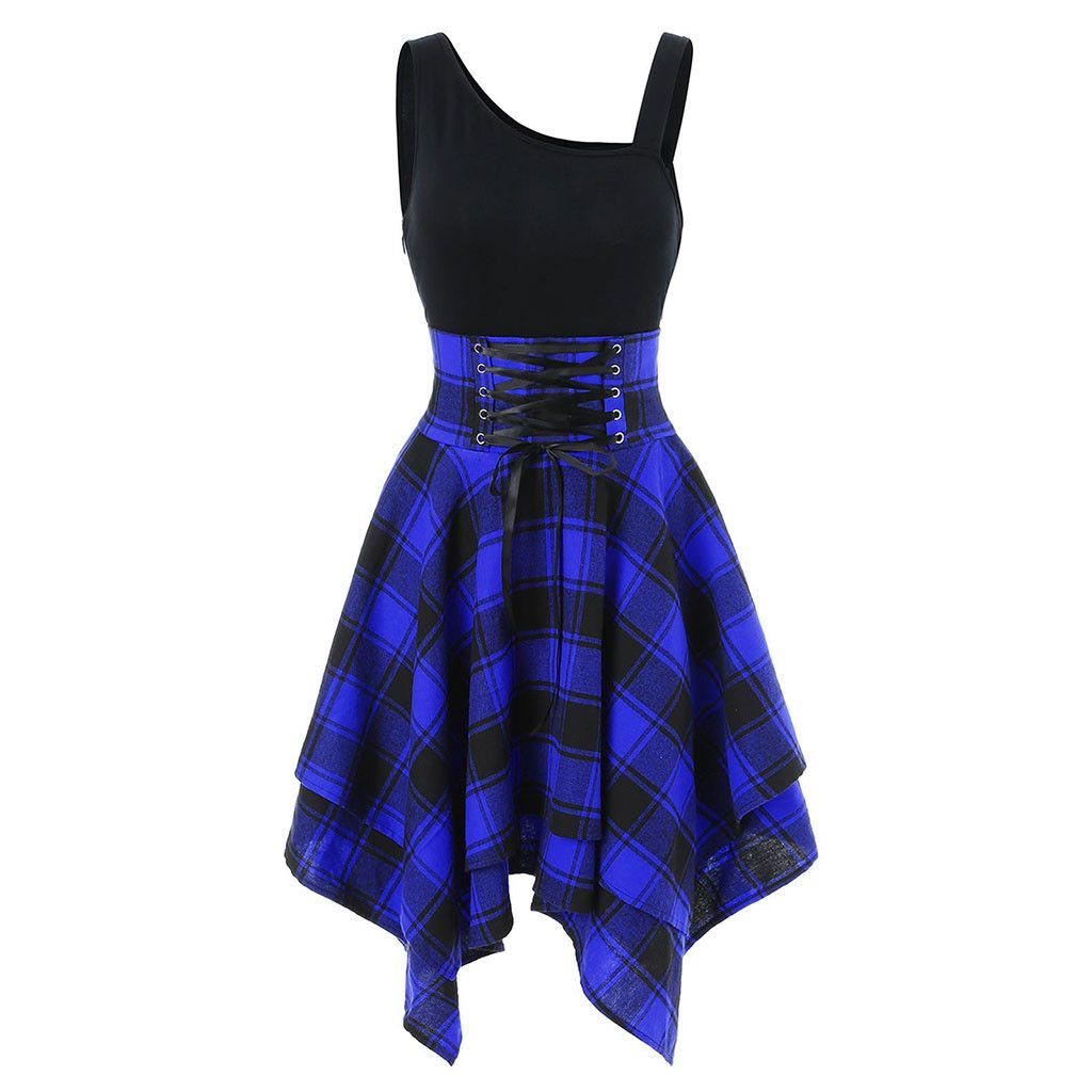 Fashion Plaid Suspender Elastic Waist Irregular Plaid Dress