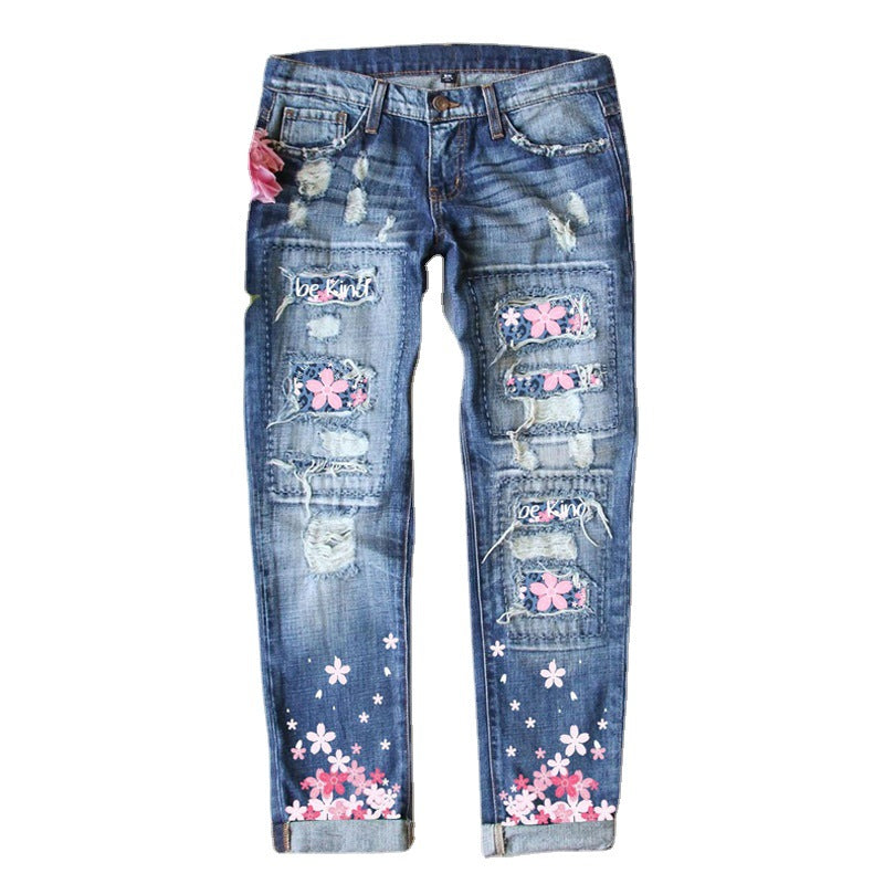 Cherry Blossom Print Water Washed Hole Loose Wide Leg Jeans