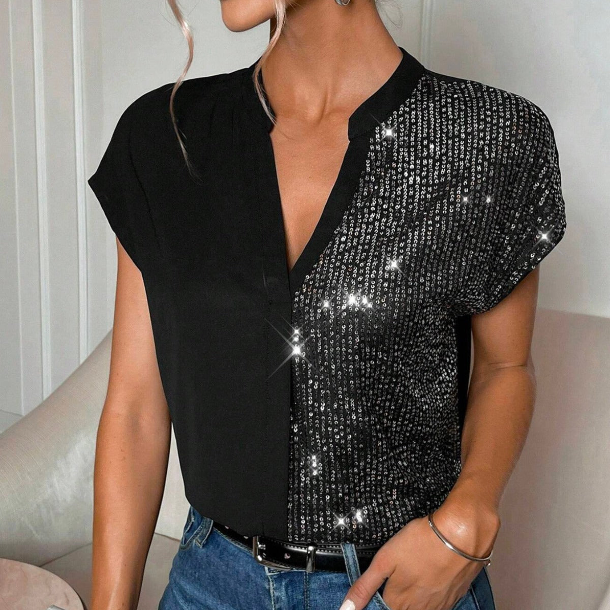 Sequin V-neck Shirt Top